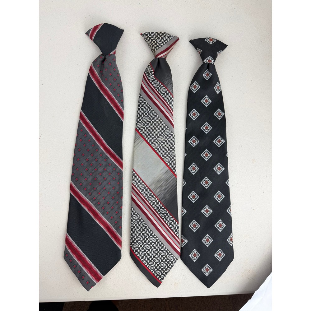 Vintage Snapper Sears Armand Clip On Ties Lot of 3 Red Black Grey Retro